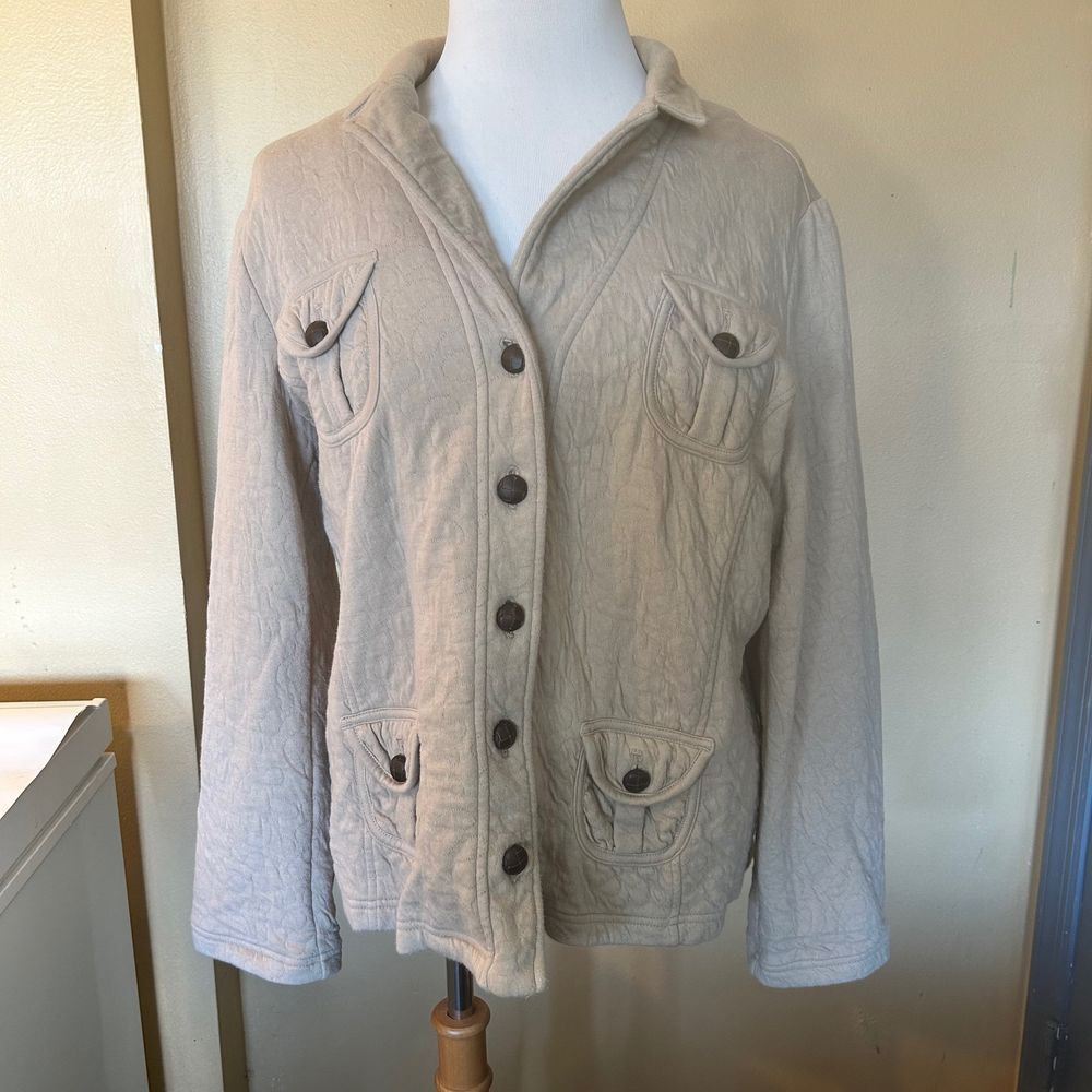 Coldwater‎ Creek Quilted Jacket Tan Woven "Leather" Buttons Woman's Petite Large